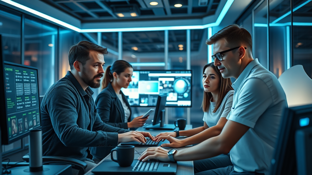 futuristic video studio, creative professionals collaborating with AI video tools, modern video production environment, AI video generation