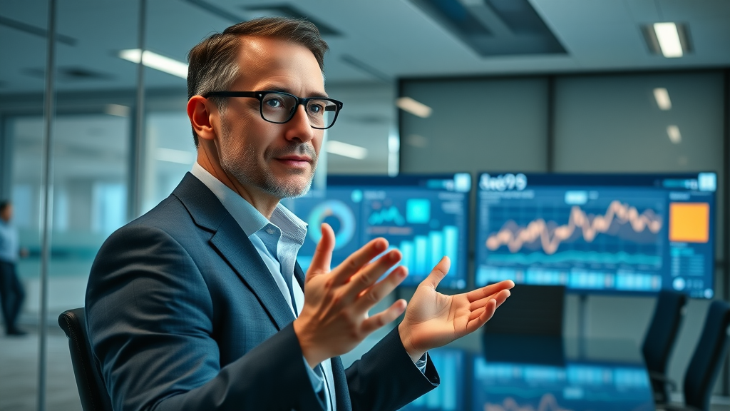 Business leader reviewing analytics dashboard, confident, in glass-walled conference room with digital call center statistics.