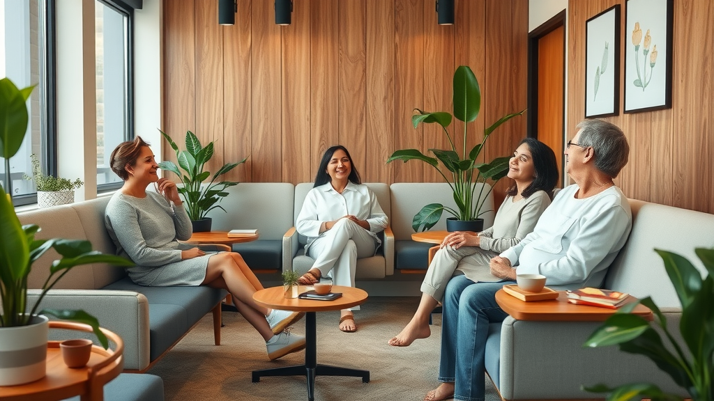 cozy dental waiting area with zen decor and relaxed patients, patient-centric dental office environment