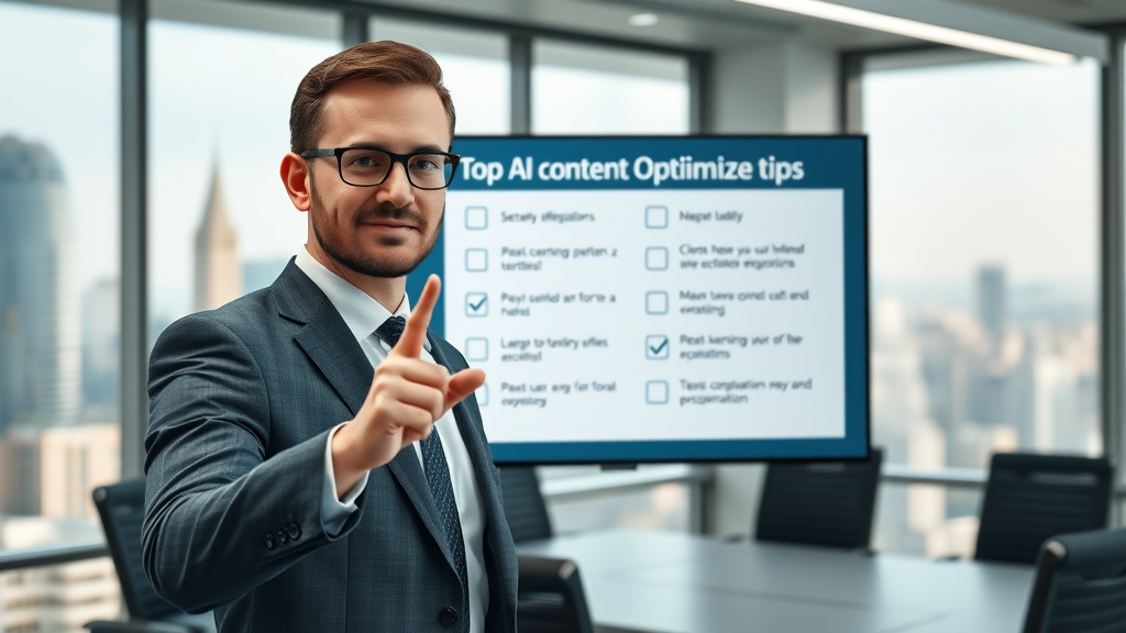 Business expert presenting top AI content optimization tips, AI for content, SEO content strategy