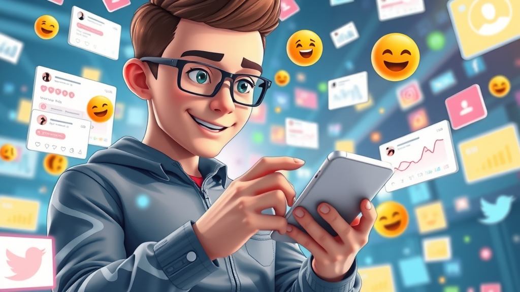 Person engaging with AI-generated social media posts and video content in a vibrant digital space