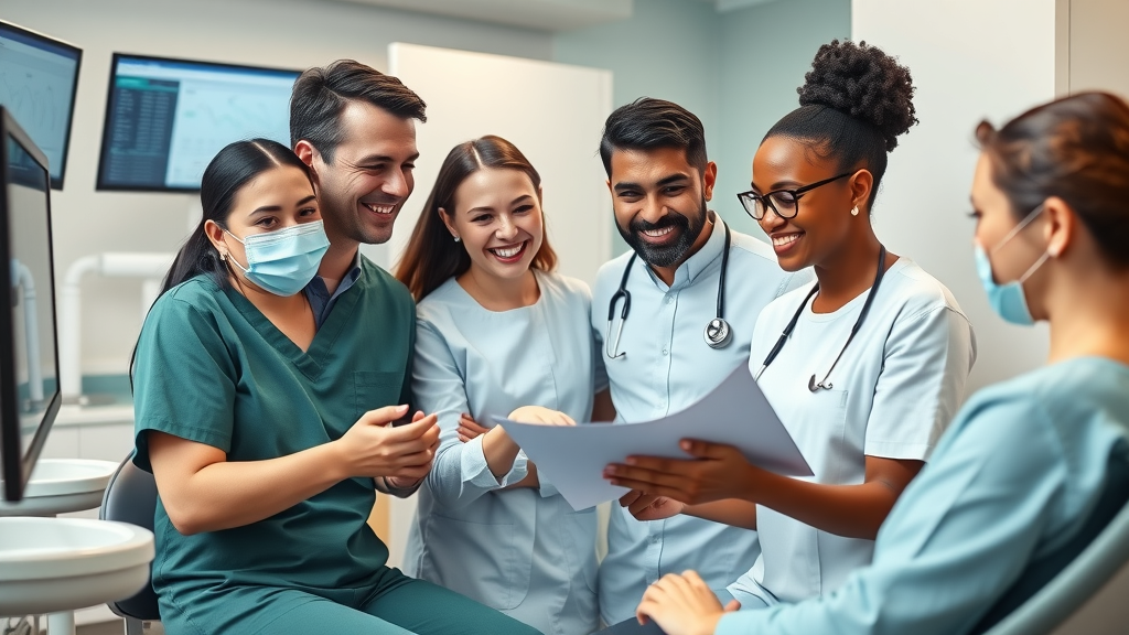 inspiring diverse dental team interacting with a dental patient in a modern office with digital screens, highlighting patient engagement in dental care