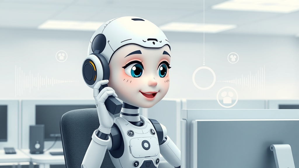 AI-powered virtual assistant making an autonomous phone call, surrounded by communication icons and digital waveforms.