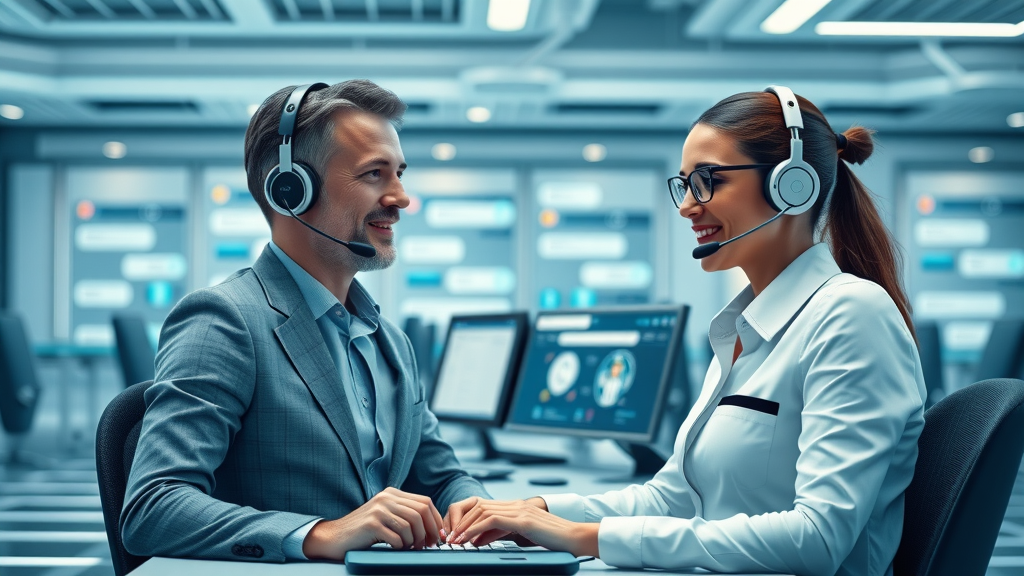 Futuristic customer service center with conversational AI agents communicating with clients, modern workspace, digital chat bubbles and AI elements, customer experience