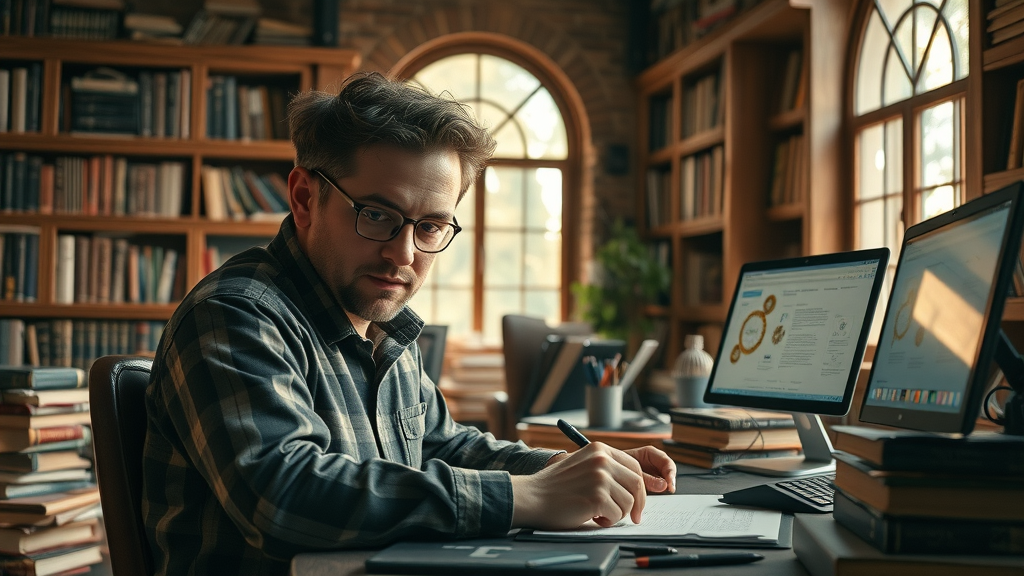 digital content creator writing SEO-optimized dental content surrounded by books and digital screens