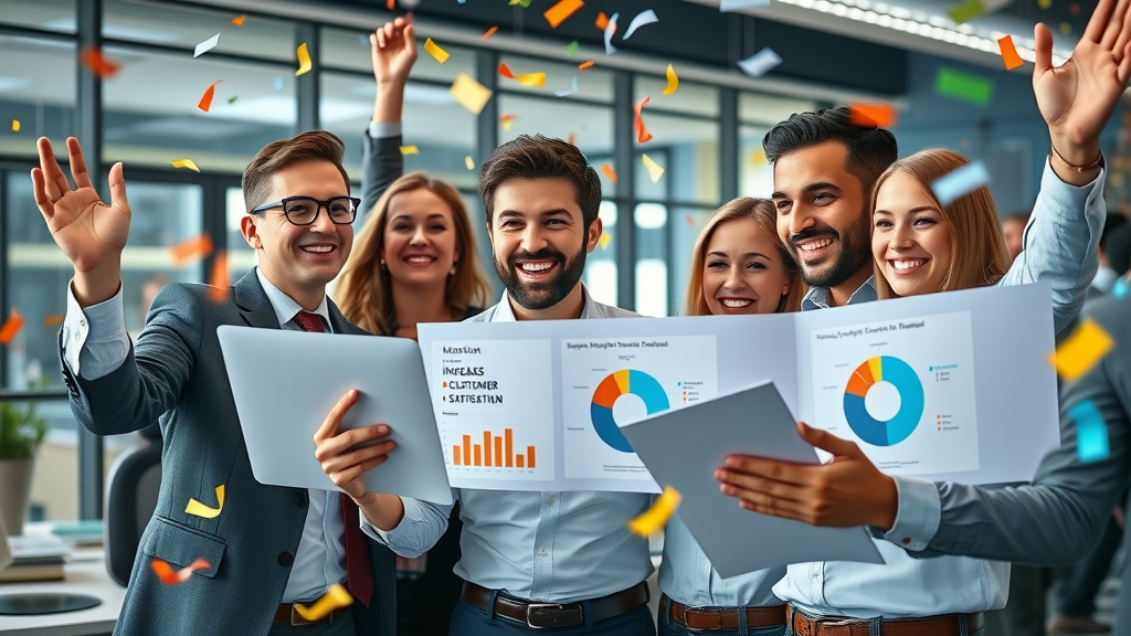 Business team celebrating increased customer satisfaction from AI phone agent analytics in a modern office.