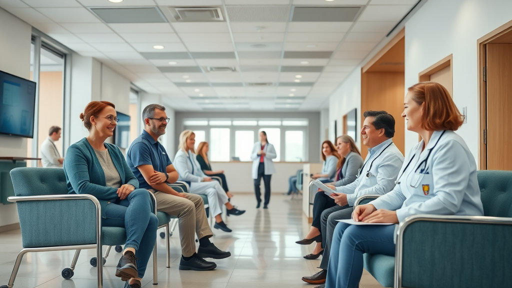 modern healthcare waiting room with digital recall system and patient engagement