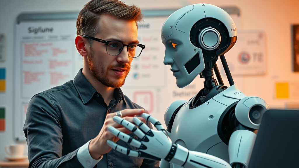 Creative professional and AI robot collaborating on digital SEO content strategy, AI content optimization