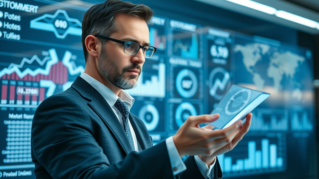 business executive reviewing customer service automation statistics on transparent AI holographic screens in a high-tech boardroom