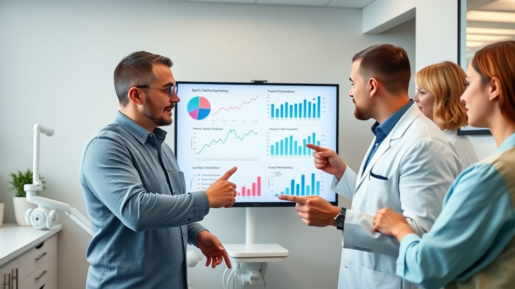Dental Patient Reactivation statistics infographic in a modern dental practice with team, digital charts, and collaborative review