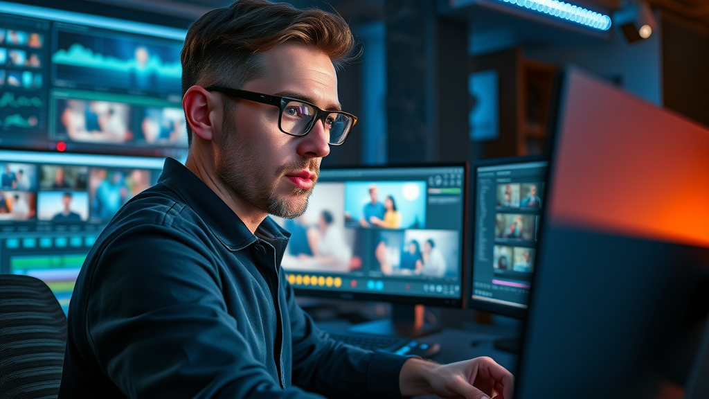 video editor using AI tools for editing and content creation in a high-tech studio