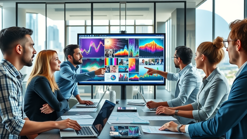 dynamic group of professionals collaborating around a large digital screen with colorful data visualizations for AI video content creation