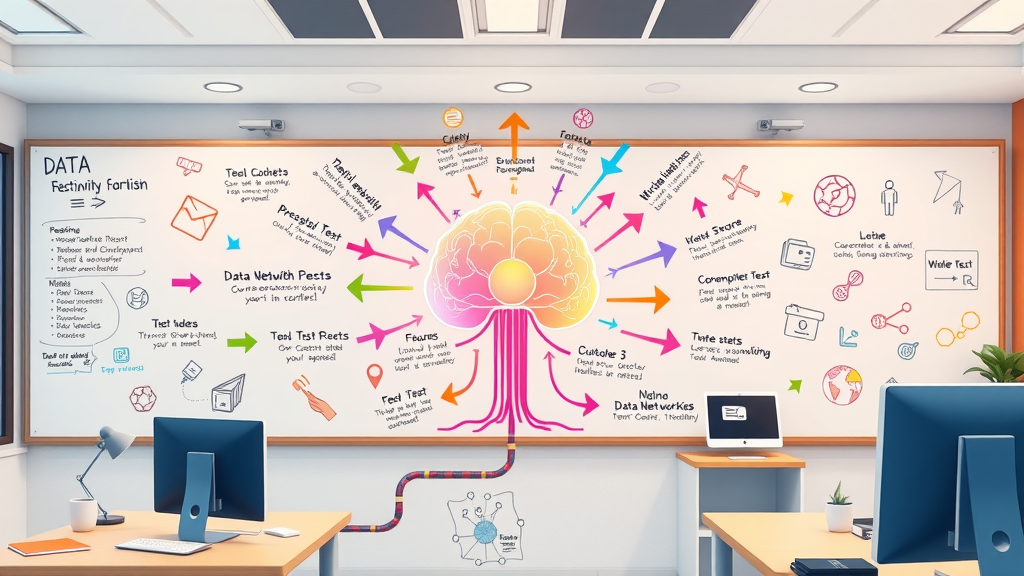 Colorful data pipeline showing streams of text snippets flowing into a central neural network core for text generation model evaluation.