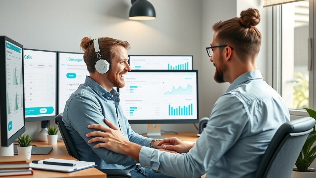 small business office with cheerful AI dashboard assisting owner reviewing analytics
