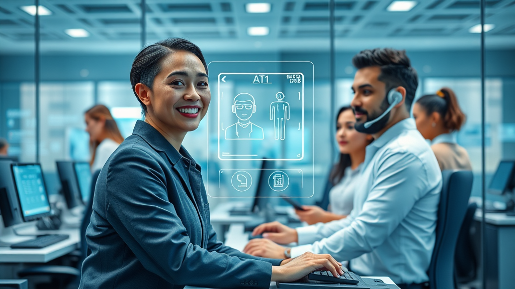 innovative contact center with professional AI agent hologram in a modern glass office, digital displays, and collaborative employees