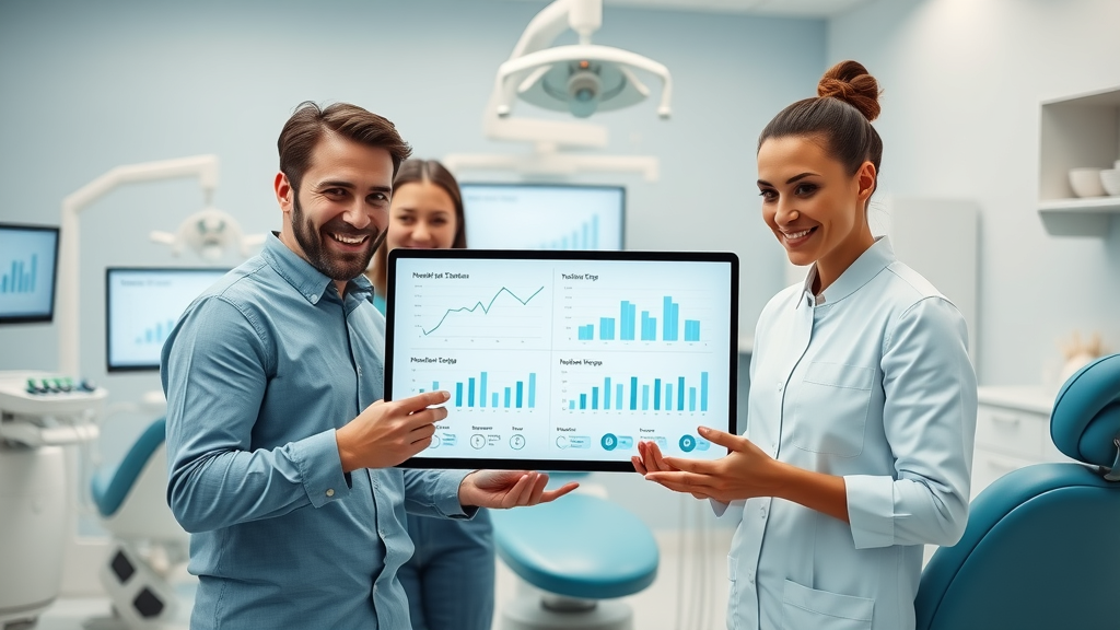 Dental appointment reminders reduce no-shows in modern dental office dashboard with dental team reviewing statistics
