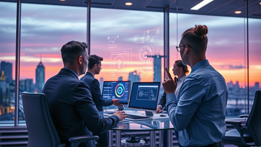 futuristic AI-driven call center with holographic data visualizations and collaborative AI agents in sleek office