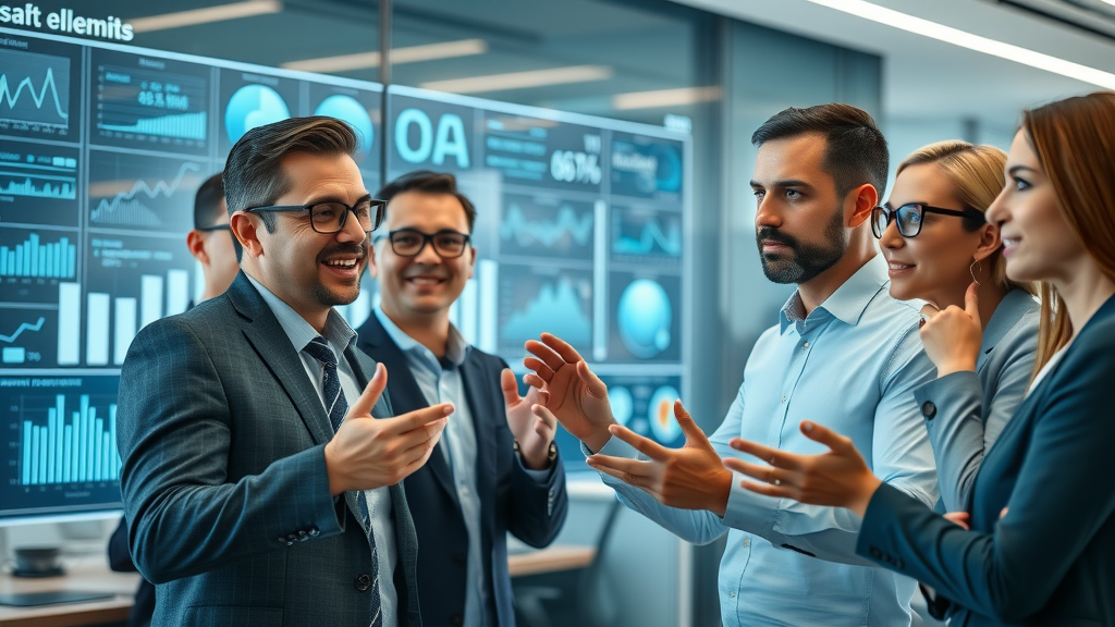 innovative business team exploring AI-driven video marketing with digital charts and analytics in office
