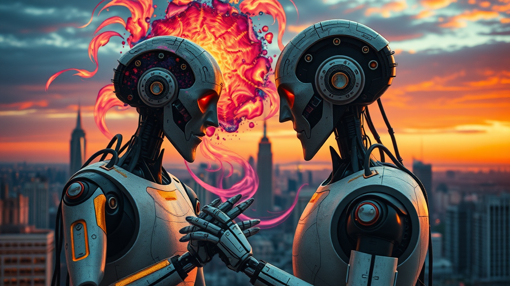 Visionary artist and AI robot collaborate on a mural, illustrating harmony between creativity and automation in AI content generation.