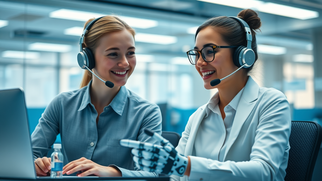 Futuristic corporate call center with customer service agents and advanced AI voice bots collaborating seamlessly, vibrant modern office, digital interaction overlays.