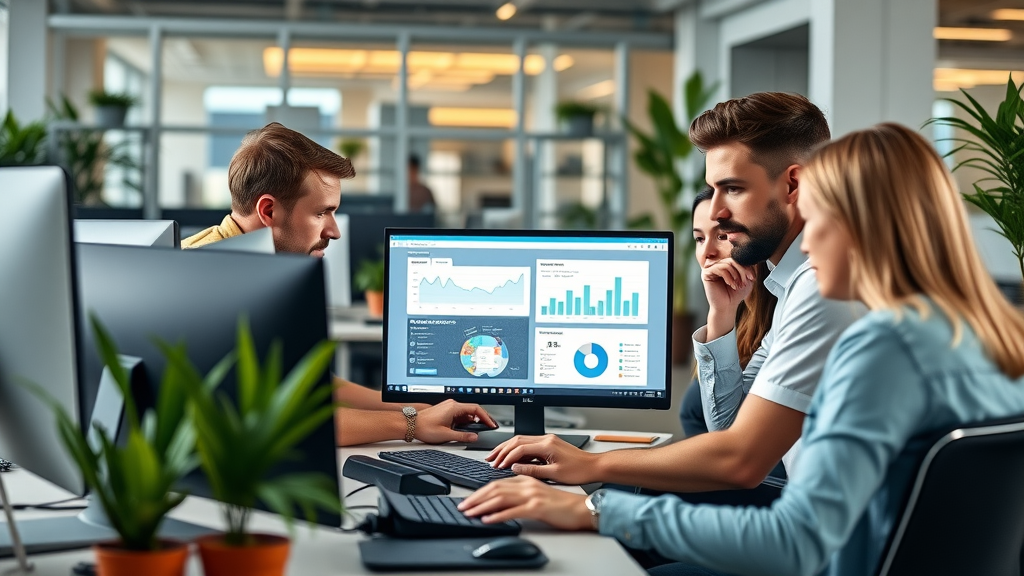 content automation software - digital marketing team collaborating on automation dashboards in a modern office