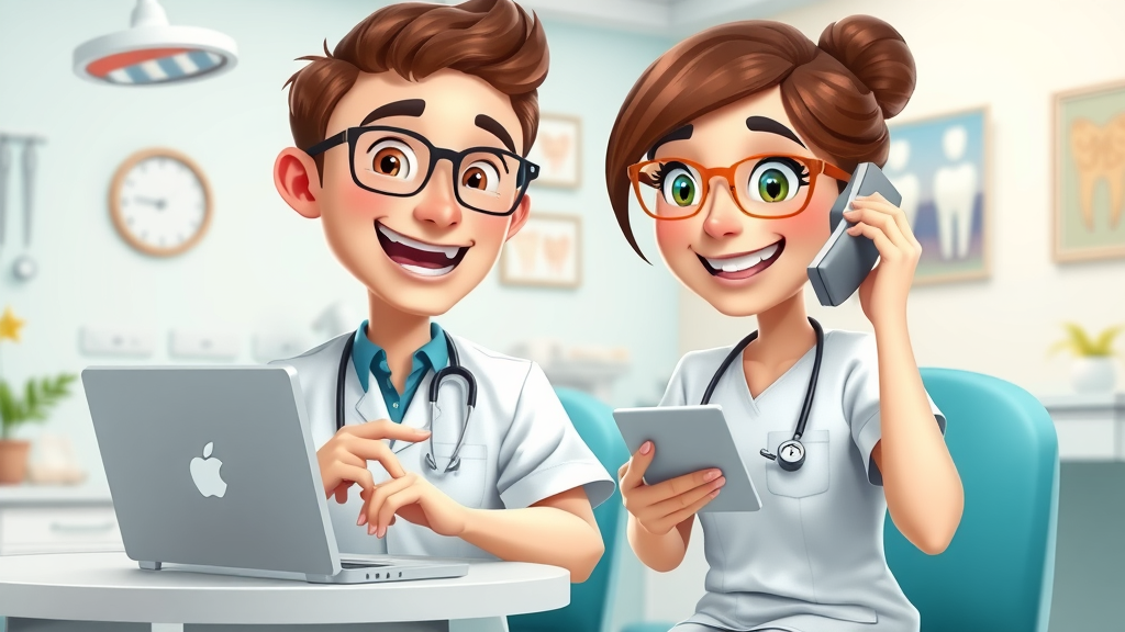 smiling dental staff sending email and making phone call for patient reactivation, dental patient reactivation, dentist office background