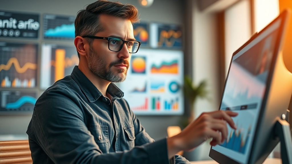 marketer analyzing AI-generated content marketing charts, ai writing tools performance, content creation analytics