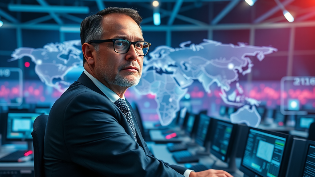 Visionary business leader overseeing futuristic call center operations powered by machine learning for voice calls, with global network visualizations and AI assistants.