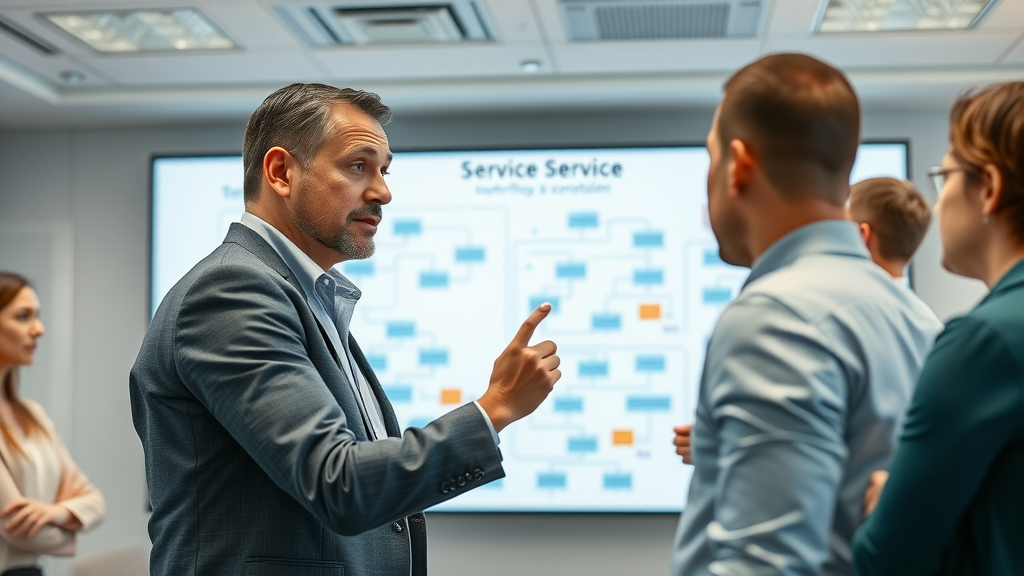 diverse service manager team mapping digital automation workflows and opportunities on a giant display screen