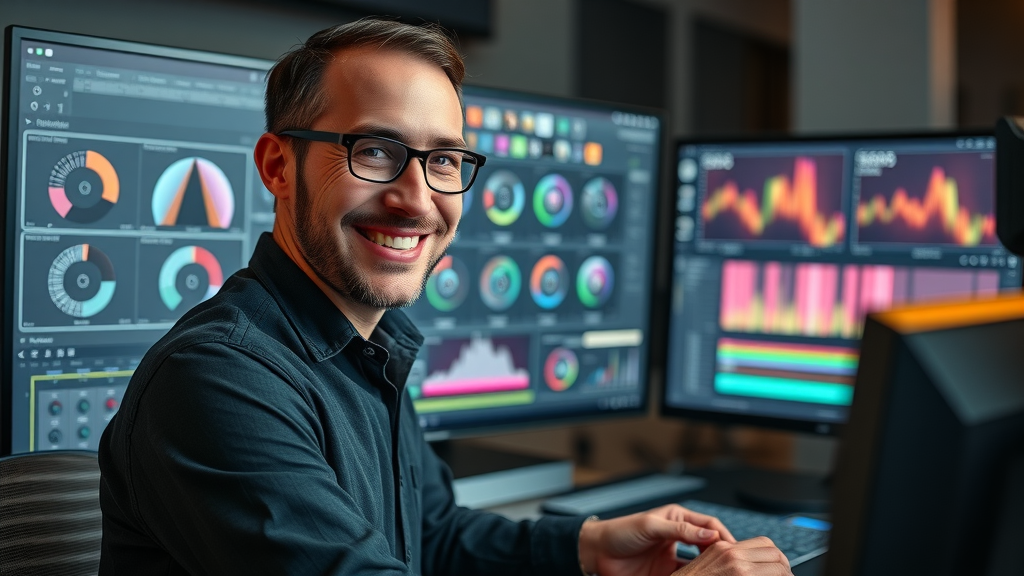 Professional video editor satisfied with color grading in DaVinci Resolve, digital video editing software experience