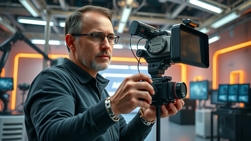 AI Digital Videos visionary filmmaker directs video shoot with AI-integrated robotic cameras in futuristic studio
