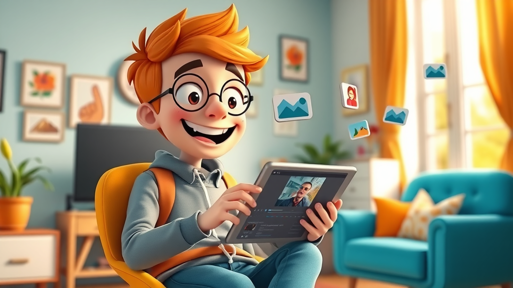 Beginner editor excitedly following a digital video editing tutorial, with learning icons and cozy creative workspace