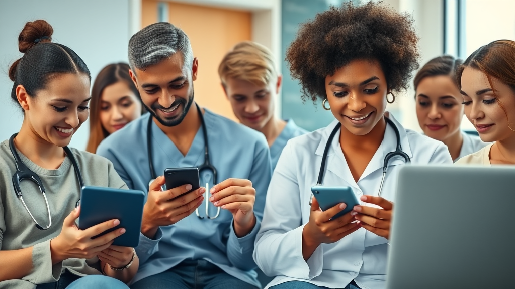 diverse patients using recall system on phone, tablet, and laptop in modern clinic