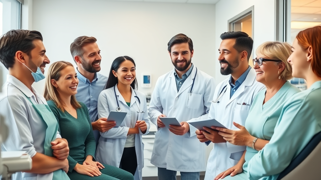 Welcoming dental clinic environment, dental professionals engaging warmly with patients, approachability in dental patient communication, modern dental office, smiling staff and patients