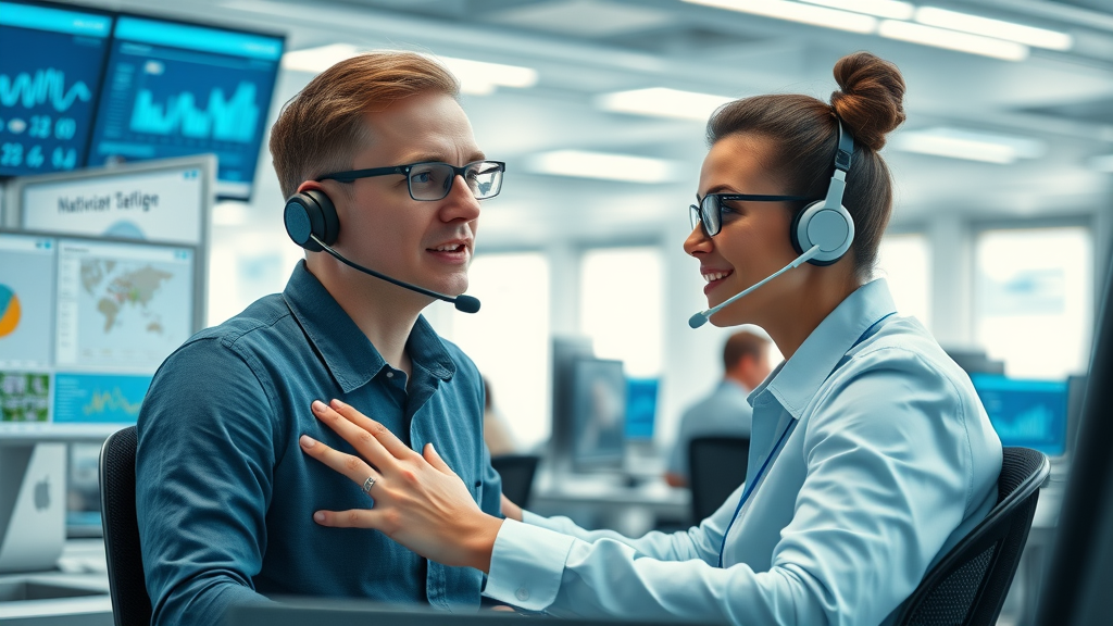 Modern call center with AI-driven systems and efficient agents. AI Voice Call Agent working alongside humans, digital screens displaying analytics, bright office environment, subtle blue and white theme.