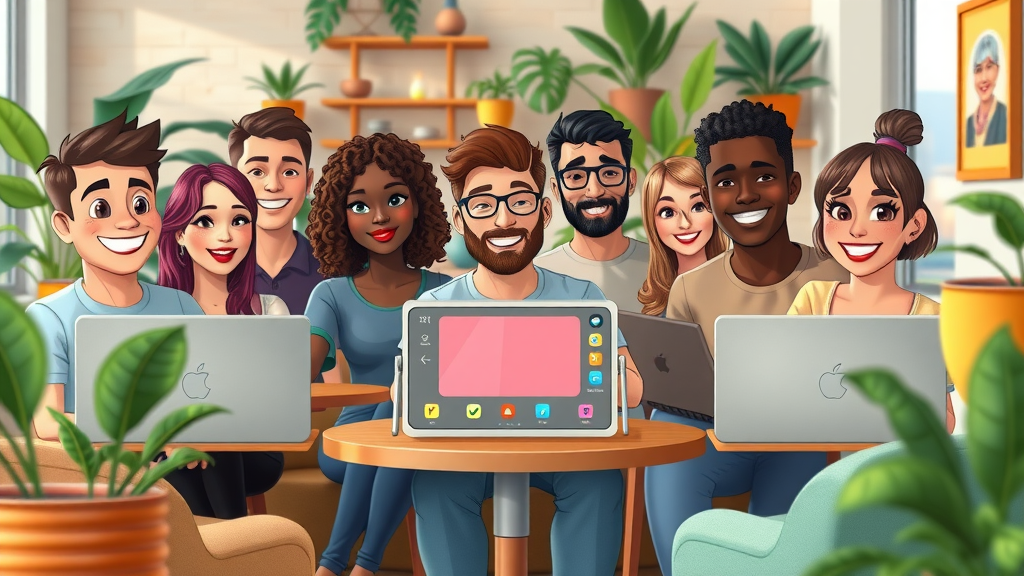 AI Digital Videos diverse group of creators easily navigate AI video platform in cozy café, user-friendly interface