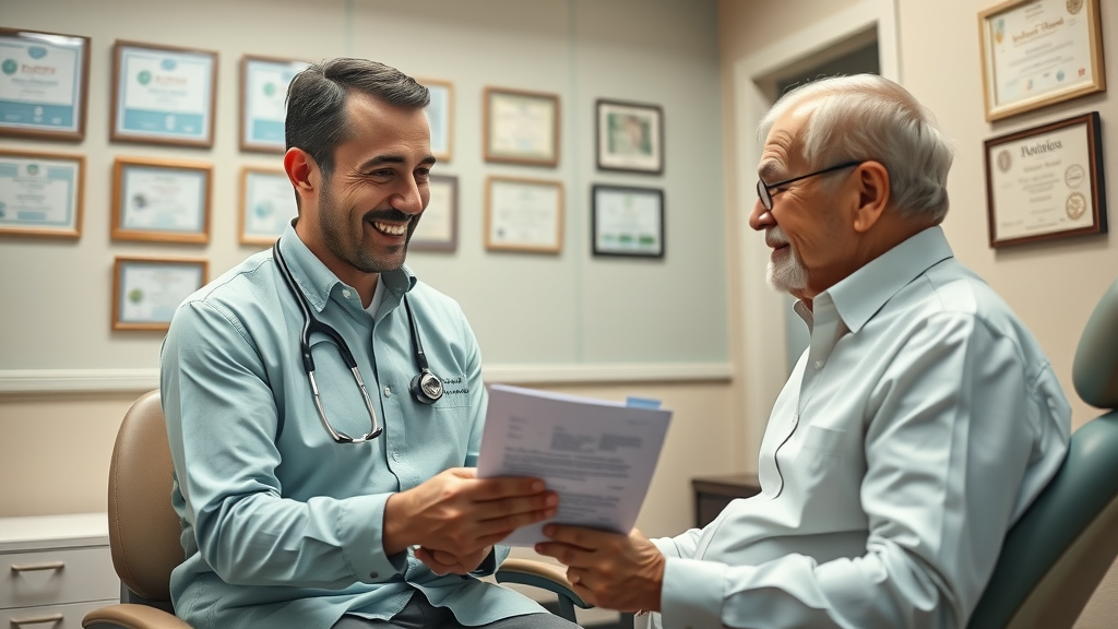 professional dentist reassures older dental patient about privacy, legal considerations for dental patient reactivation