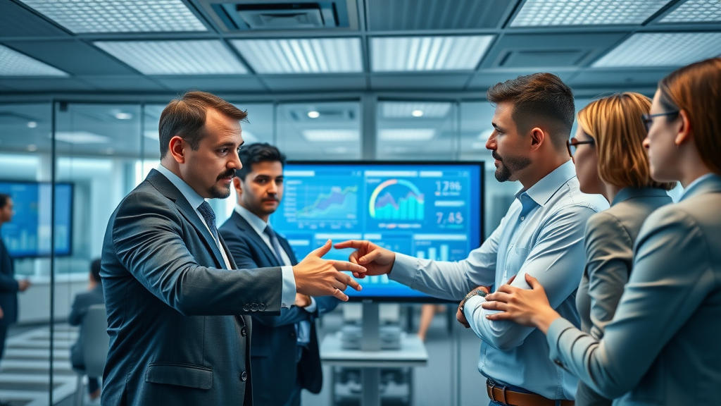 Professional business team strategizing reviewing call center analytics aligning call routing strategy