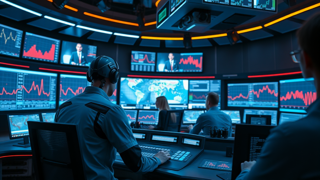 Broadcast control room leveraging AI-powered dashboards and analytics during live news broadcasts in media and entertainment