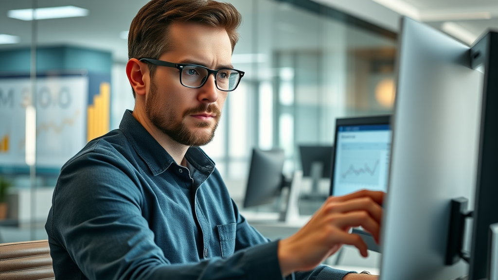 professional marketer analyzing SEO metrics, AI content optimization search results, photorealistic modern office