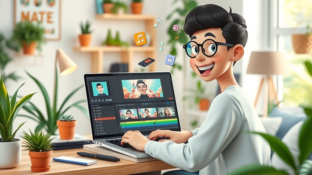 Video editor organizing layered timeline on a modern laptop, digital video editing workspace with creative accents