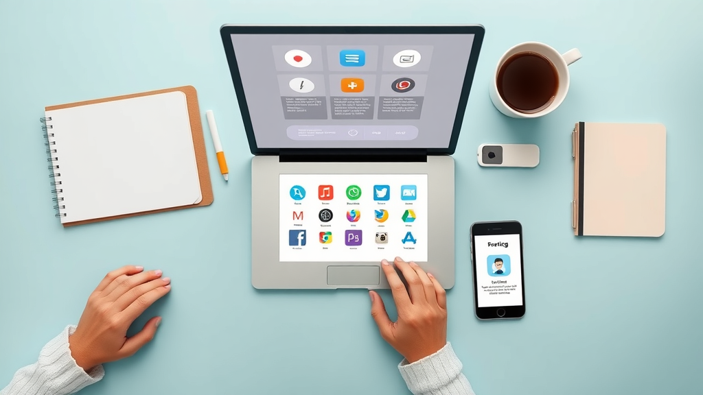 sleek flat lay featuring digital devices with icons of top ai writing tools, writing assistant platforms, and content creation apps
