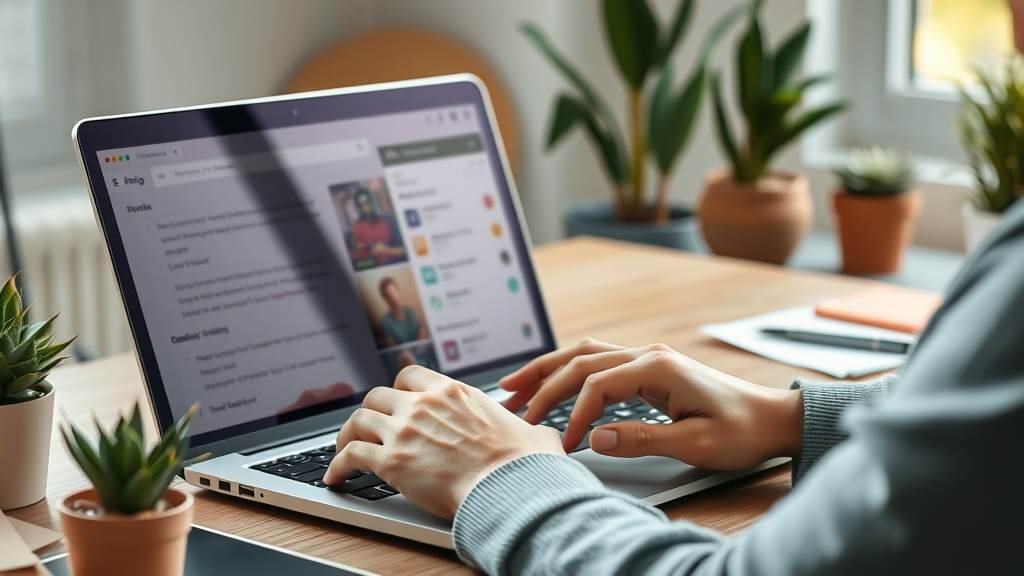 Hands typing on laptop using advanced AI-powered keyword research tool, AI tool for content optimization
