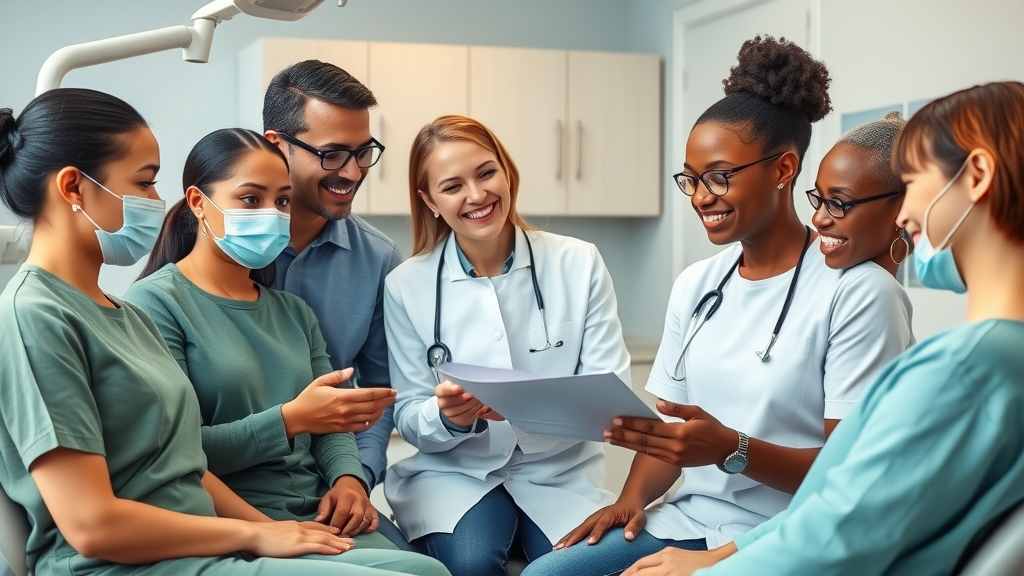 Professional dental team engaging with culturally diverse patients, demonstrating personalized dental patient communication and patient relationship building
