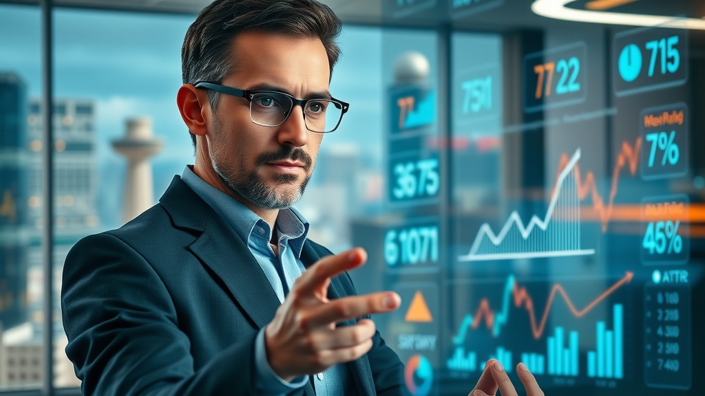 marketing strategist analyzing AI-driven video marketing campaign KPIs on digital screens
