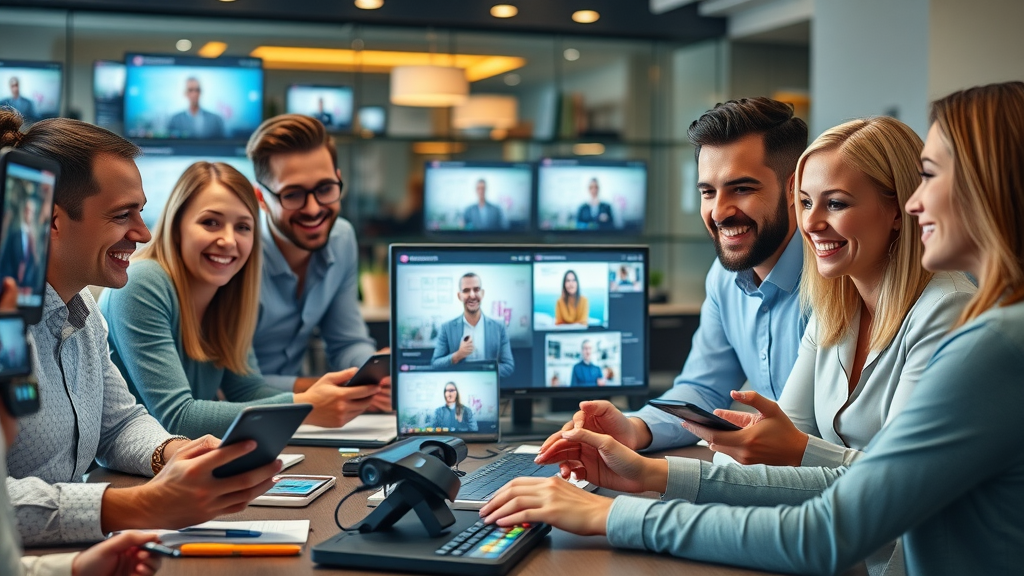diverse professionals in AI video production workplace, marketers and educators using AI video generator platforms, modern video production