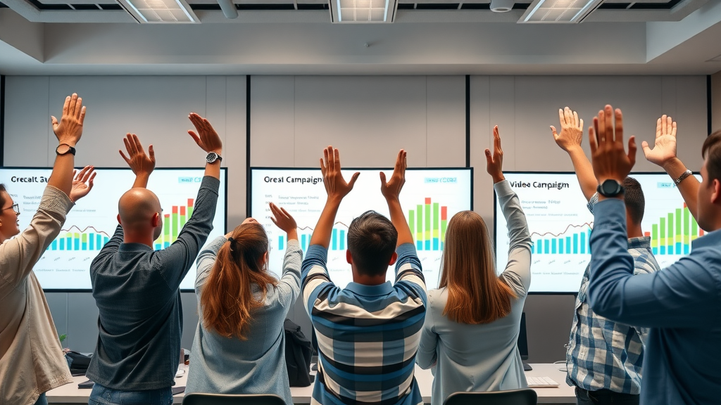 Marketing team celebrating successful AI video content campaign results