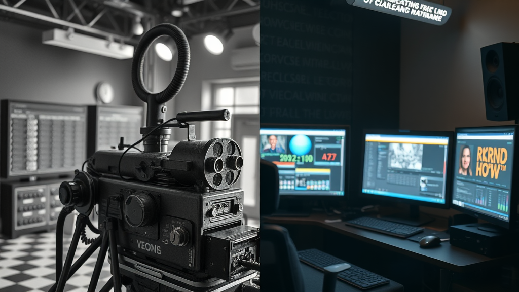 Split scene of vintage film splicer and modern digital video editing interface, contrasting traditions and innovation