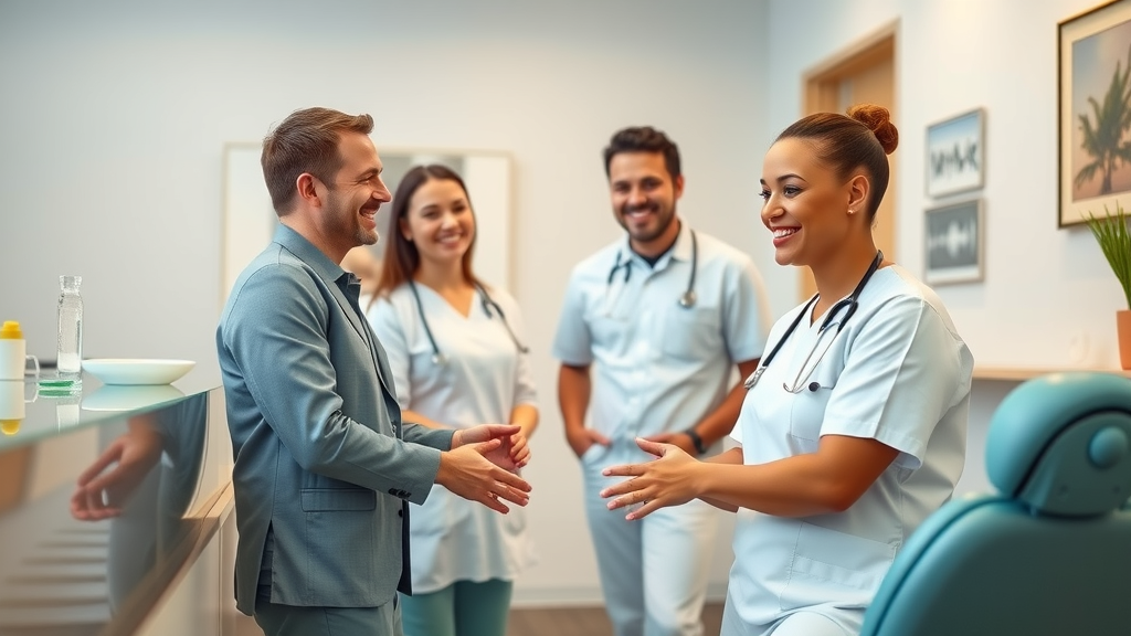 inviting dental clinic with a team of dental professionals greeting a returning dental patient, modern dental office, patient retention in dentistry