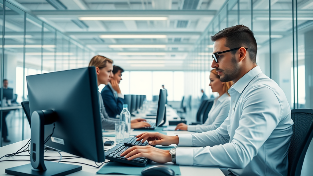speech-to-text AI in a sleek modern business office with professionals using digital transcription tools